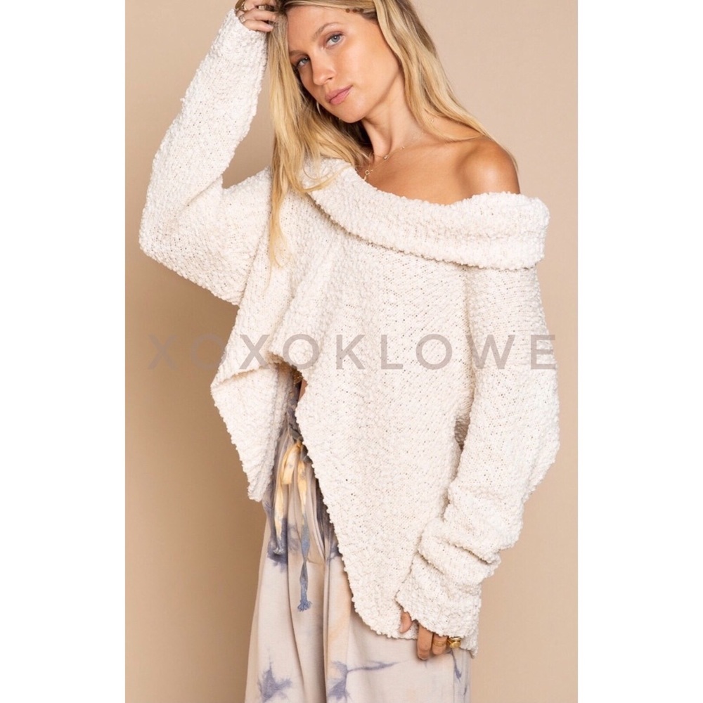 LAST ONE POL Cream Draped Cowl Neck Sweater Popcorn Knit Relaxed Fit - Picture 3 of 12